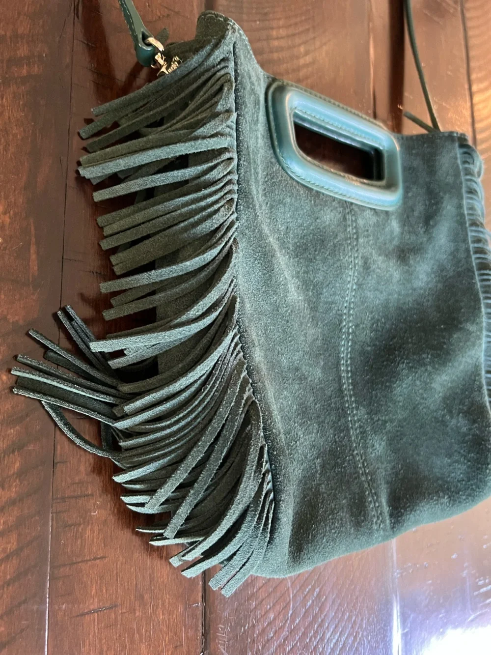 Maje Green Suede Fringe Crossbody Bag Boho Festival Leather Purse - Picture 3 of 8